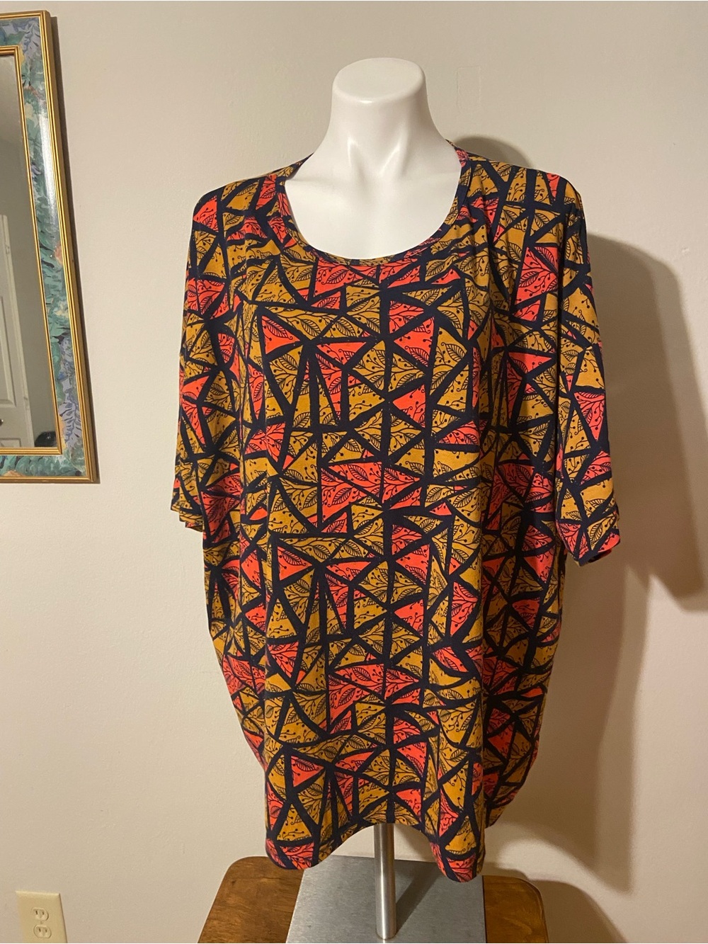 LuLaRoe Irma Multicolor Leaf Print Top - Black, Coral & Mustard